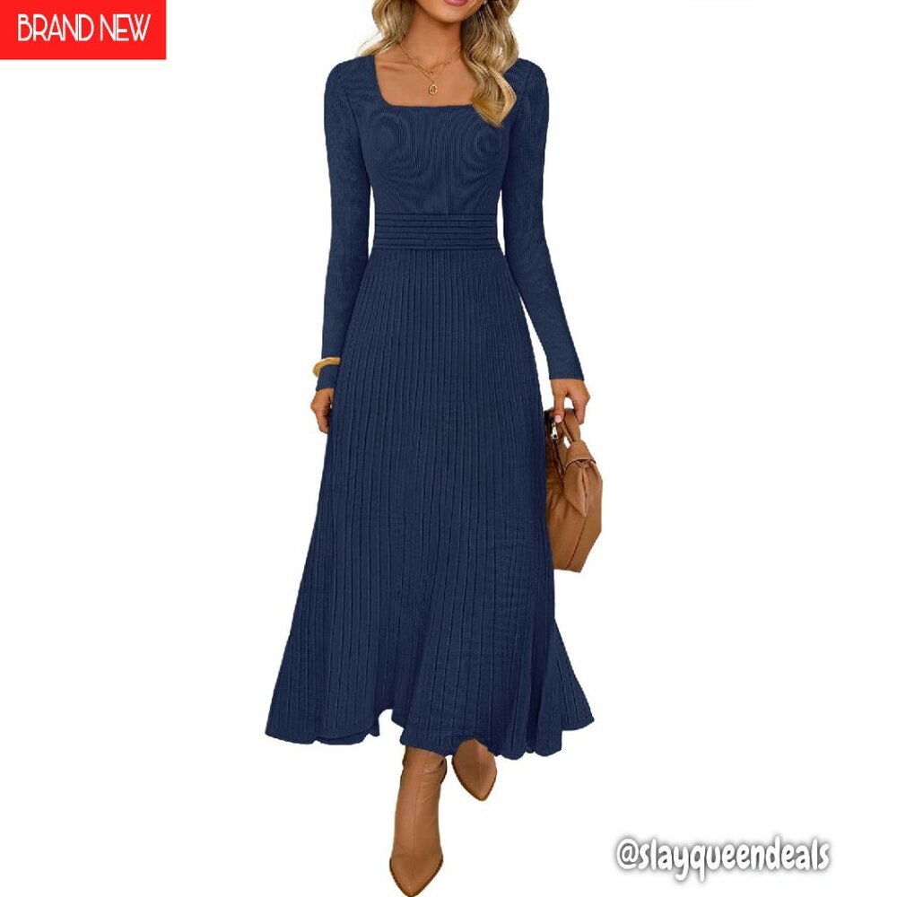 Soft Knit Sweater Dress Long Sleeve Square Neck Pleated Midi
